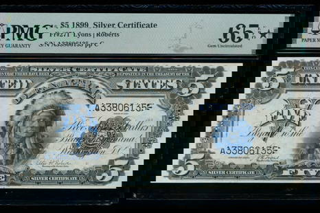 1899 $5 Chief Silver Certificate PMG 65EPQ: One 1899 $5 Chief Silver Certificate PMG 65EPQ.