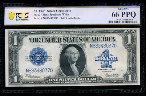 1923 $1 Silver Certificate PCGS 66PPQ: One 1923 $1 Silver Certificate PCGS 66PPQ.