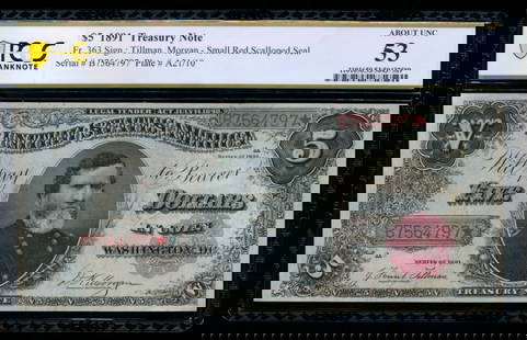 1891 $5 Treasury Note PCGS 53: One 1891 $5 Treasury Note PCGS 53.