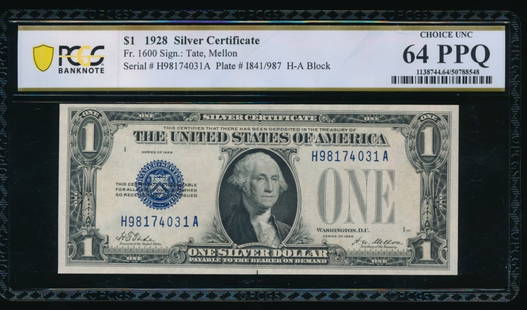 1928 $1 Silver Certificate PCGS 64PPQ: One 1928 $1 Silver Certificate PCGS 64PPQ.