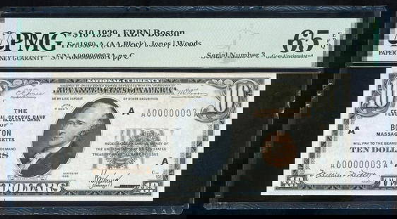 1929 $10 Serial Number 3 Boston FRBN PMG 65EPQ: One 1929 $10 Serial Number 3 Boston FRBN PMG 65EPQ.