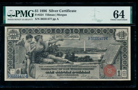 1896 $1 Educational Silver Certificate PMG 64: One 1896 $1 Educational Silver Certificate PMG 64.