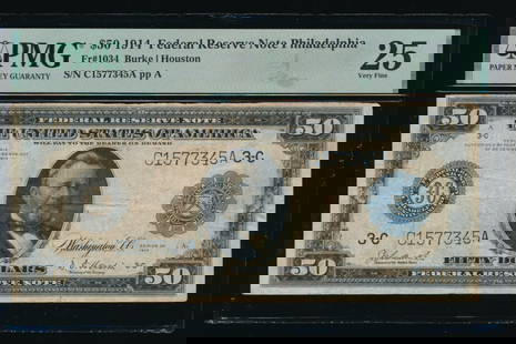 1914 $50 Philadelphia FRN PMG 25: One 1914 $50 Philadelphia FRN PMG 25.