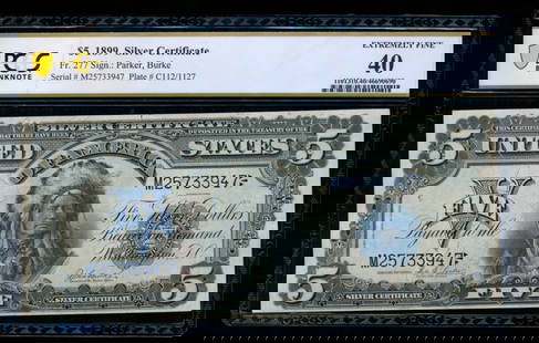 1899 $5 Chief Silver Certificate PMG 40: One 1899 $5 Chief Silver Certificate PMG 40.