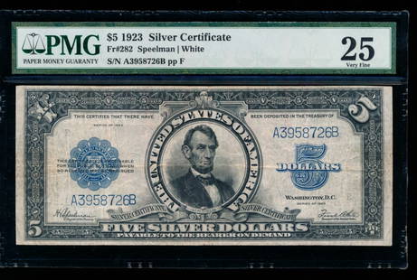 1923 $5 Lincoln Porthole Silver Certificate PMG 25: One 1923 $5 Lincoln Porthole Silver Certificate PMG 25.