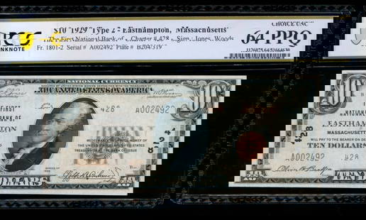 1929 $10 Easthampton MA National PCGS 64PPQ: One 1929 $10 Easthampton MA National PCGS 64PPQ.