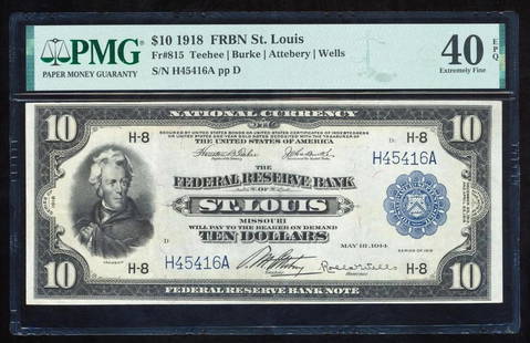 1918 $10 St Louis FRBN PMG 40EPQ: One 1918 $10 St Louis FRBN PMG 40EPQ.