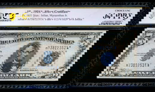 1934A $5 Silver Certificate PCGS 64PPQ: One 1934A $5 Silver Certificate PCGS 64PPQ.