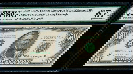 1969 $50 Kansas City FRN PMG 67EPQ: One 1969 $50 Kansas City FRN PMG 67EPQ.