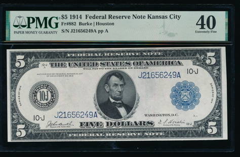 1914 $5 Kansas City FRN PMG 40: One 1914 $5 Kansas City FRN PMG 40.