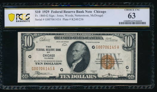 1929 $10 Chicago FRBN PCGS 63: One 1929 $10 Chicago FRBN PCGS 63.