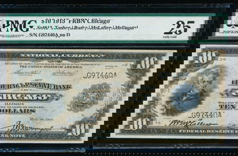 1915 $10 Chicago FRBN PMG 25: One 1915 $10 Chicago FRBN PMG 25.
