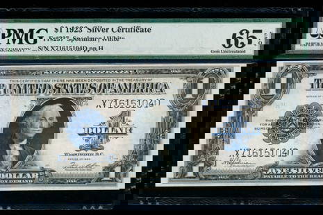 1923 $1 Silver Certificate PMG 65EPQ: One 1923 $1 Silver Certificate PMG 65EPQ.