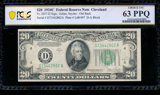 1934C $20 Cleveland FRN PCGS 63PPQ: One 1934C $20 Cleveland FRN PCGS 63PPQ.
