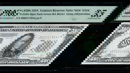 1934 $500 New York FRN PMG 35: One 1934 $500 New York FRN PMG 35.
