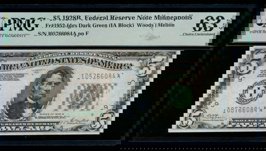 1928B $5 Minneapolis FRN PMG 63EPQ: One 1928B $5 Minneapolis FRN PMG 63EPQ.