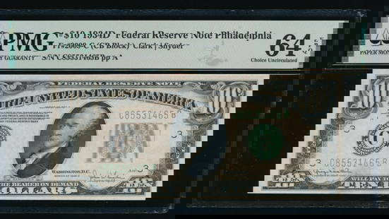1934D $10 Philadelphia FRN PMG 64EPQ: One 1934D $10 Philadelphia FRN PMG 64EPQ.