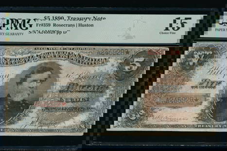 1890 $5 Treasury Note PMG 15: One 1890 $5 Treasury Note PMG 15.