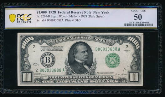 1928 $1000 New York FRN PCGS 50: One 1928 $1000 New York FRN PCGS 50.