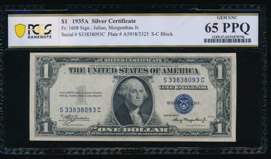 1935A $1 Silver Certificate PCGS 65PPQ: One 1935A $1 Silver Certificate PCGS 65PPQ.