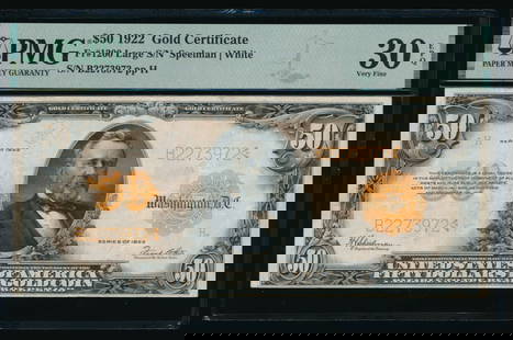 1922 $50 Gold Certificate PMG 30EPQ: One 1922 $50 Gold Certificate PMG 30EPQ.