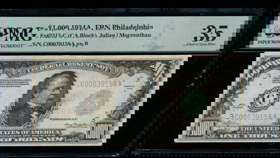 1934A $1000 Philadelphia FRN PMG 35: One 1934A $1000 Philadelphia FRN PMG 35.