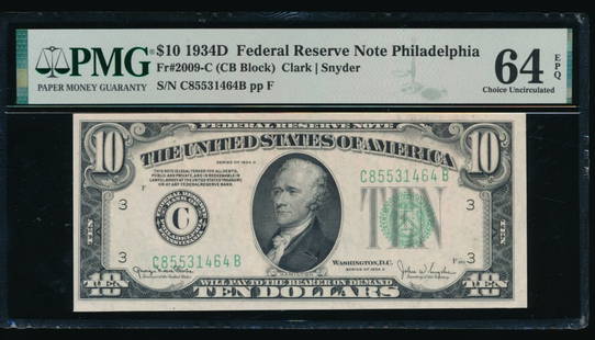 1934D $10 Philadelphia FRN PMG 64EPQ: One 1934D $10 Philadelphia FRN PMG 64EPQ.