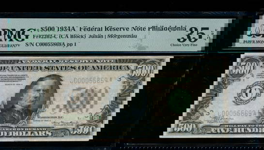 1934A $500 Philadelphia FRN PMG 35EPQ: One 1934A $500 Philadelphia FRN PMG 35EPQ.