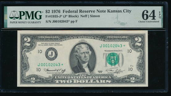 1976 $2 Kansas City FRN PMG 64EPQ: One 1976 $2 Kansas City FRN PMG 64EPQ.
