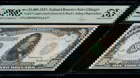 1934 $1000 Chicago FRN PMG 53EPQ: One 1934 $1000 Chicago FRN PMG 53EPQ.