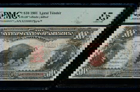 1901 $10 Bison Legal Tender Note PMG 15: One 1901 $10 Bison Legal Tender Note PMG 15.