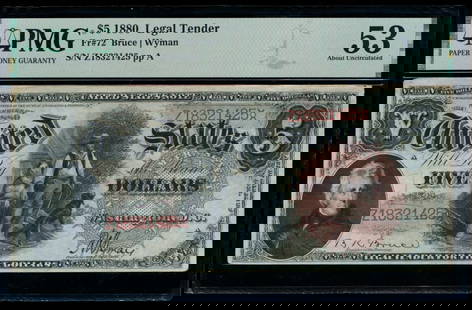 1880 $5 Legal Tender Note PMG 53: One 1880 $5 Legal Tender Note PMG 53.