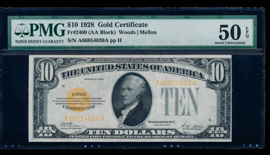 1928 $10 Gold Certificate PMG 50EPQ: One 1928 $10 Gold Certificate PMG 50EPQ.