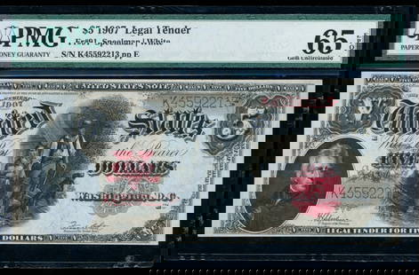 1907 $5 Legal Tender Note PMG 65EPQ: One 1907 $5 Legal Tender Note PMG 65EPQ.