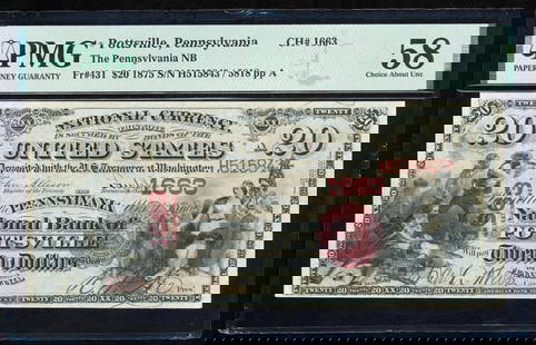 1875 $20 Pottsville PA National PMG 58EPQ: One 1875 $20 Pottsville PA National PMG 58EPQ.