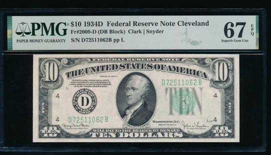 1934D $10 Cleveland FRN PMG 67EPQ: One 1934D $10 Cleveland FRN PMG 67EPQ.