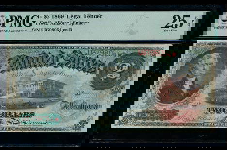 1869 $2 Legal Tender Note PMG 25EPQ: One 1869 $2 Legal Tender Note PMG 25EPQ.