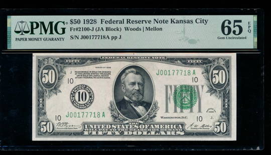 1928 $50 Kansas City FRN PMG 65EPQ: One 1928 $50 Kansas City FRN PMG 65EPQ.