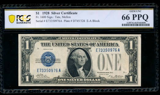 1928 $1 Silver Certificate PCGS 66PPQ: One 1928 $1 Silver Certificate PCGS 66PPQ.