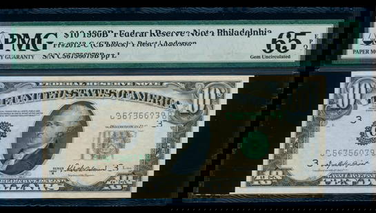 1950B $10 Philadelphia FRN PMG 65EPQ: One 1950B $10 Philadelphia FRN PMG 65EPQ.