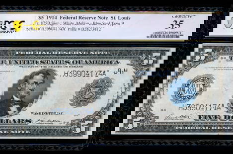 1914 $5 St Louis FRN PCGS 35: One 1914 $5 St Louis FRN PCGS 35.
