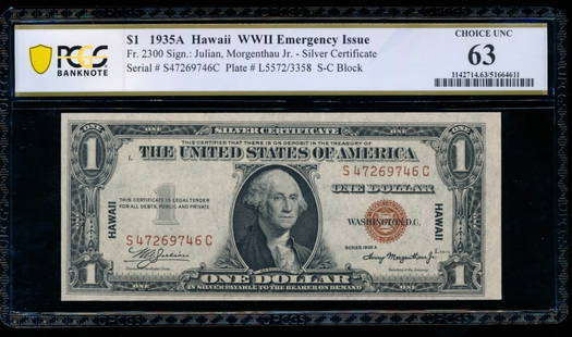 1935A $1 Hawaii Silver Certificate PCGS 63: One 1935A $1 Hawaii Silver Certificate PCGS 63.