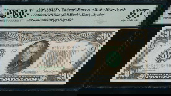 1934D $20 New York FRN PMG 67EPQ: One 1934D $20 New York FRN PMG 67EPQ.