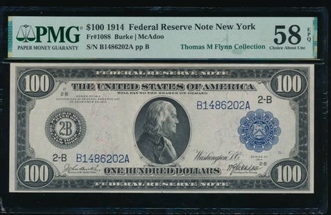 1914 $100 New York FRN PMG 58EPQ: One 1914 $100 New York FRN PMG 58EPQ.