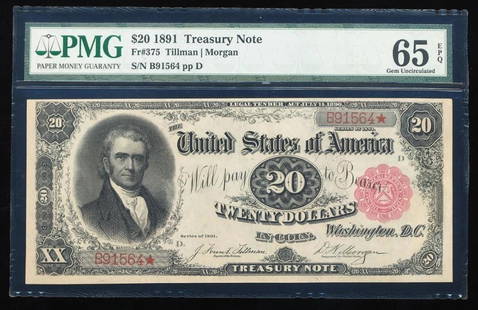 1891 $20 Treasury Note PMG 65EPQ: One 1891 $20 Treasury Note PMG 65EPQ.