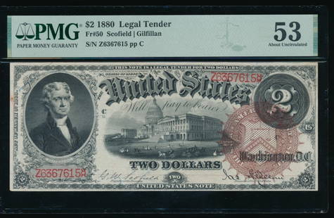 1880 $2 Legal Tender Note PMG 53: One 1880 $2 Legal Tender Note PMG 53.
