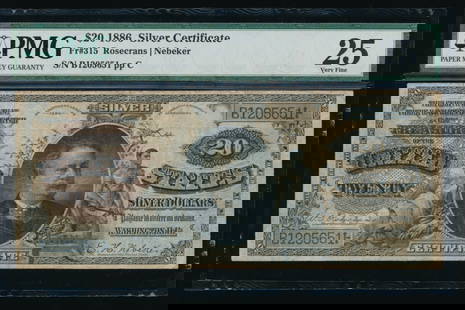 1886 $20 Silver Certificate PMG 25: One 1886 $20 Silver Certificate PMG 25.