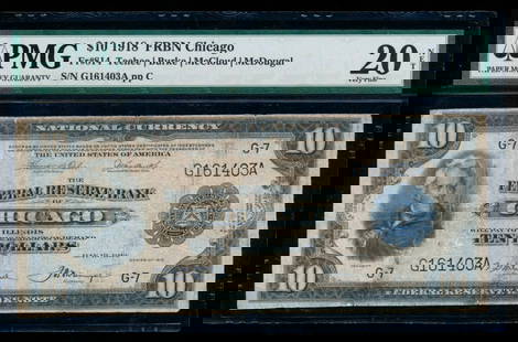 1918 $10 Chicago FRBN PMG 20NET: One 1918 $10 Chicago FRBN PMG 20NET.