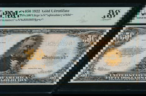 1922 $50 Gold Certificate PMG 30: One 1922 $50 Gold Certificate PMG 30.