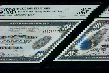 1915 $20 Dallas FRBN PMG 35: One 1915 $20 Dallas FRBN PMG 35.